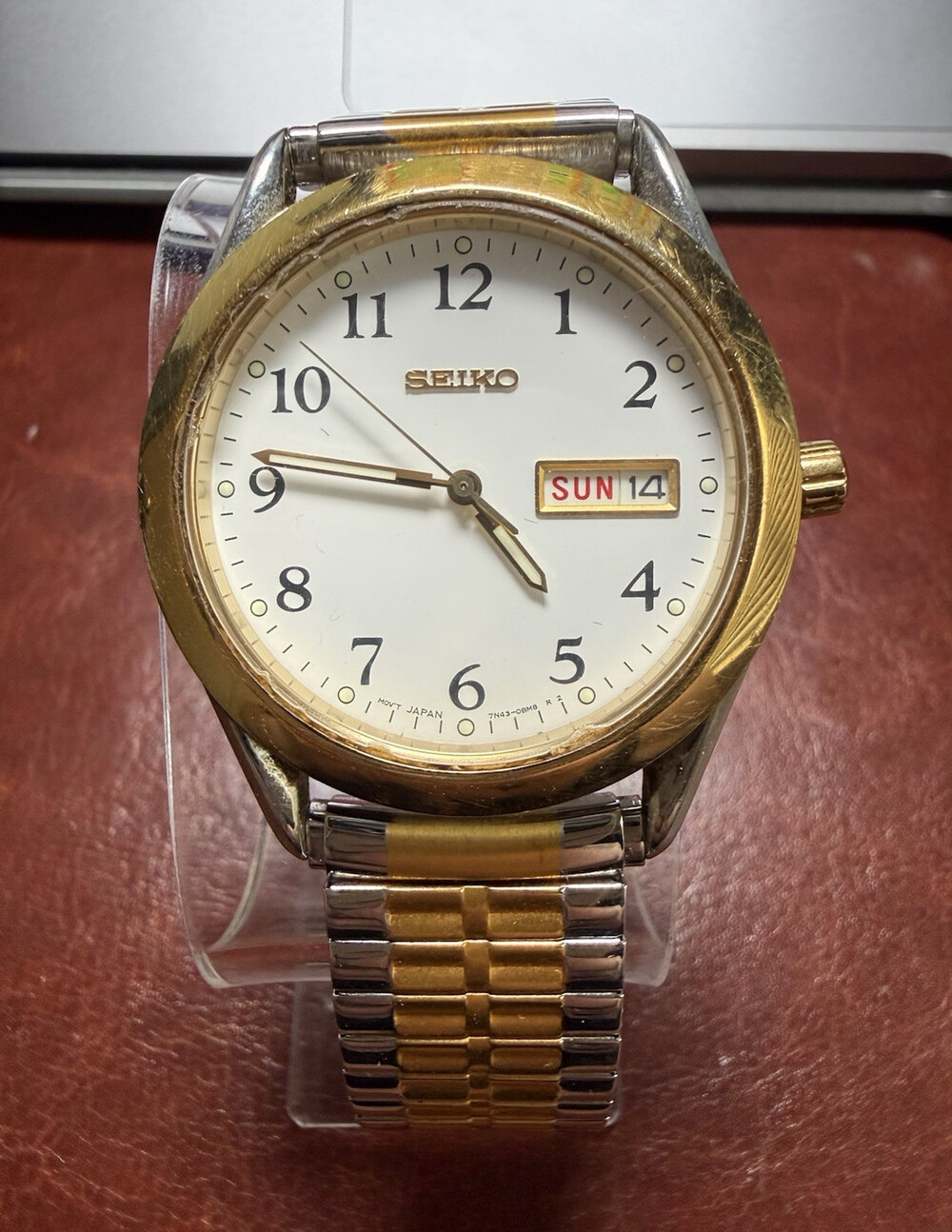 Vintage Seiko 7N43-9088 Two Tone Quartz Day Date Watch White Dial Japan